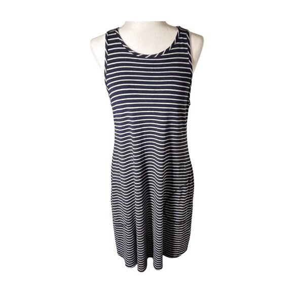 ATHLETA Womens Striped Swing Dress Oversized Navy Gray Size Medium - Picture 1 of 11
